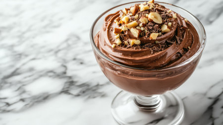 Enjoy this luxurious chocolate mousse crowned with crunchy nuts and rich chocolate shavings, a delightful treat for any dessert enthusiast on a stylish marble background.の素材
