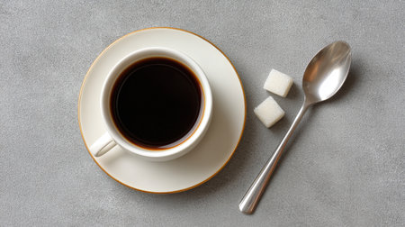 This image features a stylish cup of black coffee accompanied by sugar cubes on a smooth gray background, highlighting elegance and simplicity in daily moments.の素材