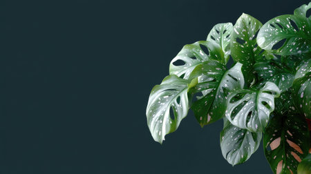 This image showcases a lush green monstera plant with striking variegated leaves set against a dark background, perfect for enhancing interior decor or wellness spaces.の素材