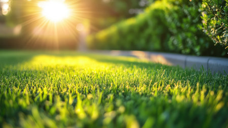 A peaceful scene of vibrant green grass illuminated by warm sunlight, capturing the essence of nature's beauty in a tranquil outdoor garden setting during golden hour.の素材