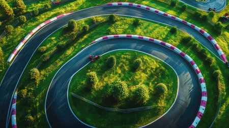 An overhead shot of a vibrant go-kart track showcases the thrilling curves and lush surroundings, enticing adventure seekers and racing enthusiasts to experience the excitement of speed.の素材
