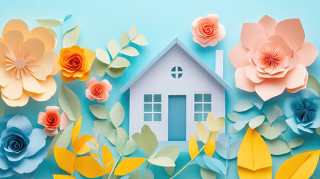 Delight in a whimsical paper art scene featuring a charming house surrounded by vibrant flowers and delicate leaves, perfect for spring-themed projects and home decor inspiration.の素材