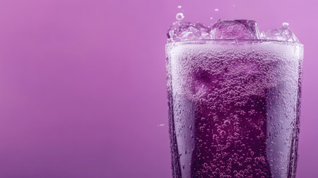 A vibrant purple beverage with sparkling bubbles and ice, beautifully presented in a clear glass. Ideal for summer gatherings and celebrations, this refreshing drink captures joy.の素材