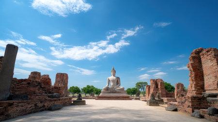 A stunning Buddha statue stands majestically amidst ancient ruins under a clear blue sky, surrounded by lush trees, evoking a sense of tranquility and heritage.の素材