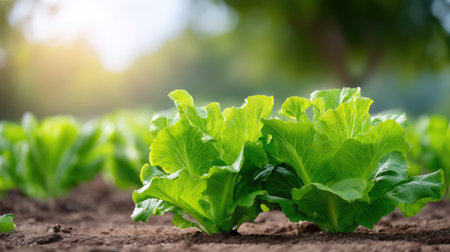 Fresh green lettuce thrives in a vibrant garden, basking in warm sunlight. This serene scene captures the essence of healthy gardening and nature's beauty.の素材