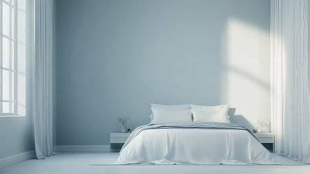 A serene bedroom scene featuring light gray walls, soft white bedding, and large windows that invite natural light, perfect for minimalist home decor ideas.の素材