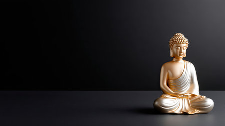 A beautiful golden Buddha statue sitting peacefully on a dark surface, embodying serenity and calmness, ideal for spiritual and decorative purposes.の素材