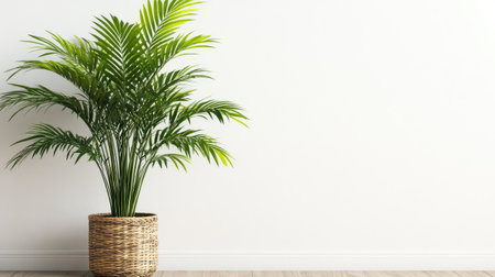 Areca palm in woven basket pot placed beside a white wall with copy space and daylight ambianceの素材