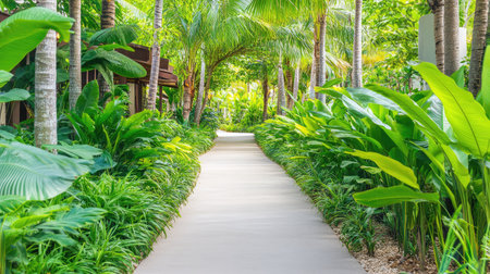 A calm and shaded garden path lined with green plants and tall trees, soft light filtering through, creating open space for text or designの素材