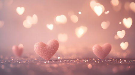 A dreamy fantasy love background with soft heart-shaped glowing lights and subtle sparkling dust floating through a misty atmosphereの素材
