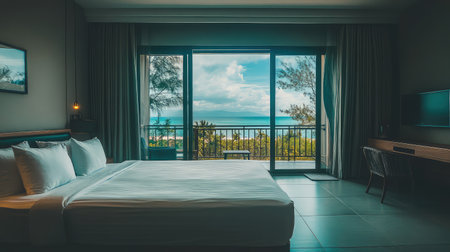 A minimalist hotel room with a stunning ocean view, cozy bed, and simple decor, offering open space for creative text or graphic designs in the centerの素材