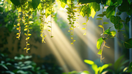 A peaceful shaded corner in the garden with hanging green vines and soft rays of light filtering through, leaving space for text or designの素材