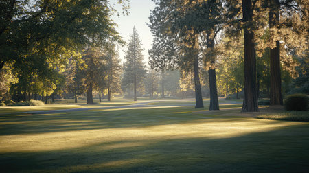 A serene natural park with well-kept lawns, tall trees, and soft sunlight creating a peaceful atmosphere, leaving space in the center for creative designs or textの素材