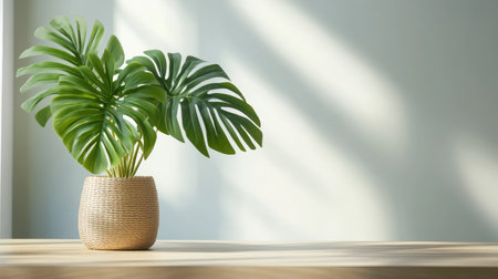 Close-up of leafy decorative plant on desk in cozy home office with bright neutral background and copy spaceの素材