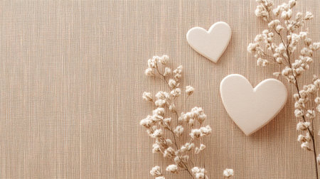 Background with delicate dried flowers and paper heart cutouts on beige fabric, soft love aesthetic with copy spaceの素材