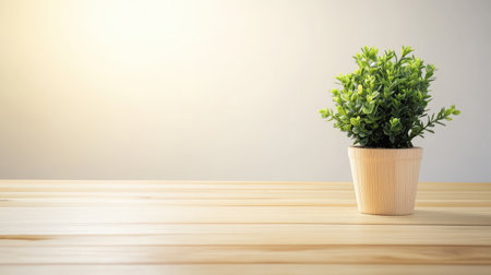 Clean wooden table with a single decorative potted plant and bright blank background for overlayの素材