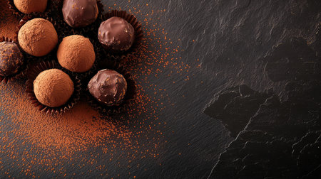A stunning display of gourmet chocolate truffles dusted with cocoa powder creates an indulgent visual feast, perfect for any event or personal treat, enticing every chocolate lover.の素材