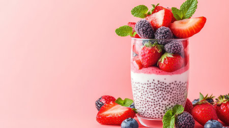 A vibrant serving of chia pudding topped with fresh strawberries, raspberries, blueberries, and mint leaves. Perfect for a healthy dessert or snack, it delights the senses.の素材
