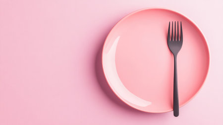 A stylish pink plate with a black fork set against a soft pink background, showcasing a minimalist design ideal for food photography and dining concepts.の素材