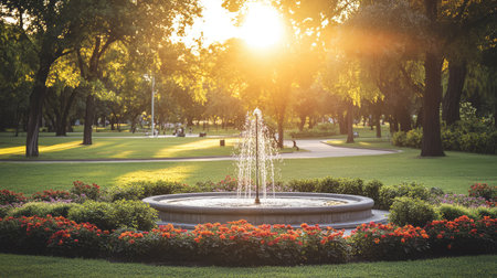 A park with a circular fountain surrounded by flowers and neatly trimmed grass, with plenty of room for overlay text or graphic designの素材