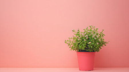 Creative flat lay with pot plant on desk and clean wall background for workspace visualsの素材