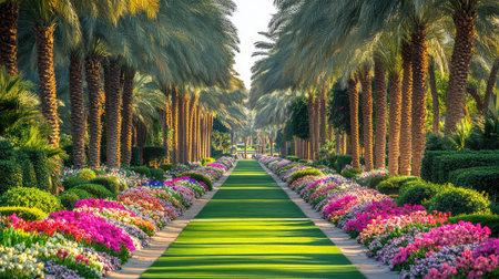A peaceful park with long rows of trees and flowers, surrounded by a well-maintained lawn, offering central space for copy or graphic designの素材