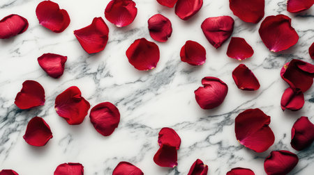 Elegant valentine-themed setting with rose petals on marble background and copy spaceの素材