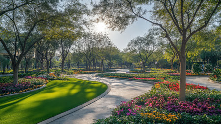 A public park with bright green grass, tree-lined paths, and flowers, offering a perfect space for overlay text or graphic design in the centerの素材