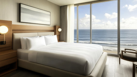 A modern sea view room with a cozy bed, clean design, and expansive windows showcasing the ocean, creating plenty of room for text or graphicsの素材