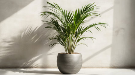 Elegant modern decor with plant in minimalist pot, empty white wall and natural lightingの素材