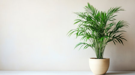 Bamboo palm in decorative pot on white surface with bright neutral wall and empty copy spaceの素材