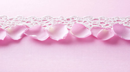 Rose petals and lace on soft pink textile background with light open area for messageの素材