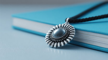 This image showcases an elegant silver pendant necklace featuring a beautiful blue stone, artistically placed on a vibrant turquoise book cover, perfect for accessory promotion.の素材