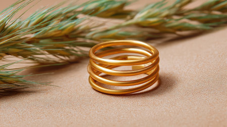 A beautiful gold ring featuring smooth bands is placed on a textured background, complemented by green grass accents. This image captures elegance and style.の素材