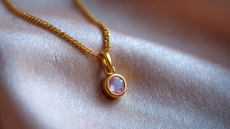 An elegant gold necklace featuring a pink gemstone pendant, beautifully set against a soft silken fabric backdrop, perfect for showcasing luxury and sophistication in jewelry.の素材