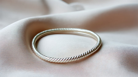 This stunning silver bangle rests gracefully on smooth satin fabric, highlighting its elegant design and craftsmanship. A perfect piece for any fashion enthusiast.の素材