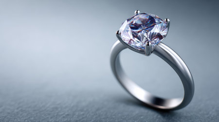 This stunning solitaire engagement ring features a round-cut diamond that radiates brilliance. Set on a sleek silver band, it is perfect for a romantic proposal.の素材