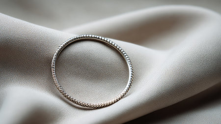 A beautiful silver bangle placed on soft fabric, highlighting the intricate design and craftsmanship. Perfect for showcasing elegance and fashion in photography.の素材
