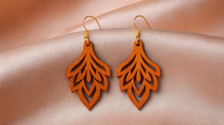 Beautiful wooden earrings featuring an intricate leaf design, displayed on a soft satin fabric. Ideal for showcasing natural beauty and artisanal craftsmanship in fashion.の素材
