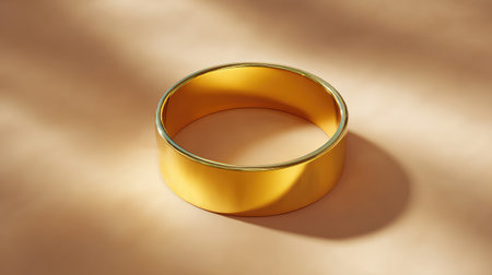 This captivating image features a polished gold ring resting on a soft brown surface. The gentle shadows enhance its elegance, making it ideal for showcasing luxury jewelry.の素材