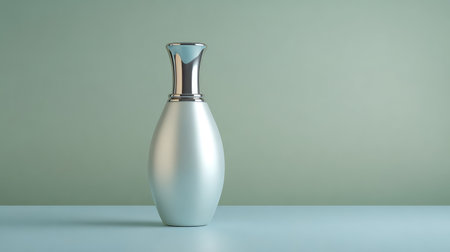 A sleek cosmetic bottle featuring a shiny silver cap set against a soft backdrop, perfect for showcasing beauty products and enhancing branding visuals.の素材