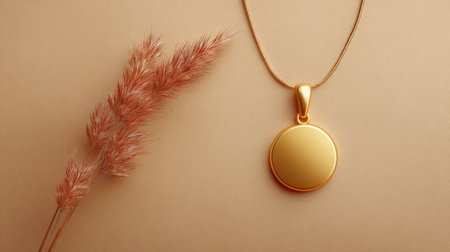 A stunning gold pendant necklace features a smooth circular design, elegantly displayed against a soft beige background with delicate dried plant accents, capturing modern beauty.の素材