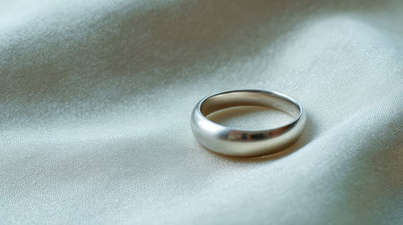 A close-up image of a sleek silver ring resting gently on soft satin fabric. The composition emphasizes elegance and simplicity, perfect for themes of love and commitment.の素材