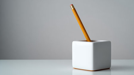 A clean and minimalist workspace showcases a white cube pot containing a yellow pencil. The smooth desk surface and soft gray background create an elegant, focused atmosphere.の素材