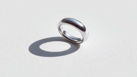 A minimalist silver ring sits gracefully on a light surface, creating a soft shadow that enhances its elegant design. Perfect for capturing themes of love and commitment.の素材