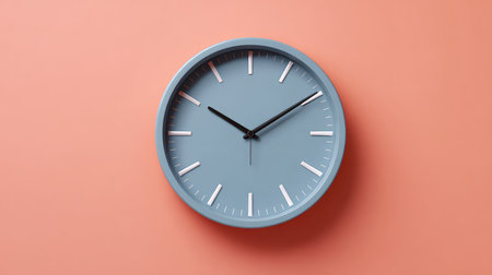 A modern wall clock with a minimalist design, featuring a clean blue face and white numbers, complementing a coral background perfectly in contemporary settings.の素材