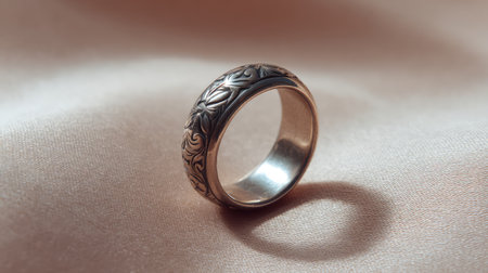 This close-up image showcases an intricate silver ring with a floral design, resting on soft satin fabric, emphasizing its elegance and detailed craftsmanship.の素材