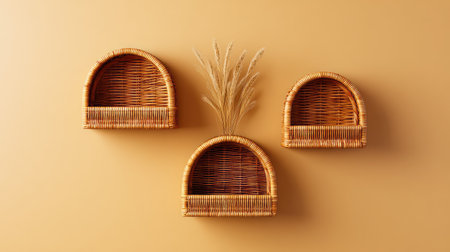 This image showcases three stylish rattan baskets mounted on a beige wall, highlighting minimalist design and natural aesthetics, ideal for home decor inspiration.の素材