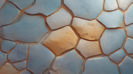 Vibrant textured surface features blue and orange stone tiles, creating a striking visual display. Perfect for backgrounds, design projects, and artistic inspiration.の素材