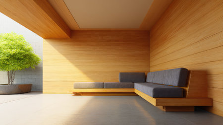 A beautifully designed minimalist interior features wooden accents and comfortable seating, creating a tranquil space perfect for relaxation or meditation.の素材